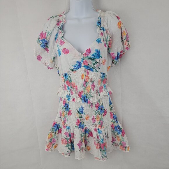 LOVESHACKFANCY Womens MEDIUM Jarrah Smocked Floral Cotton Mini Dress